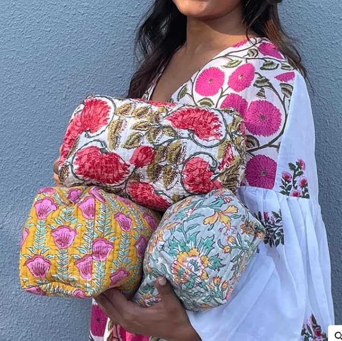 Block Print Designer Toiletry Bag & Makeup Case - Boho Floral Quilted Pouch for Cosmetics, Skincare - Waterproof Lined Organizer for Diaper Bag, Purse, Travel, Gift, Pencils (medium size 8pcs)