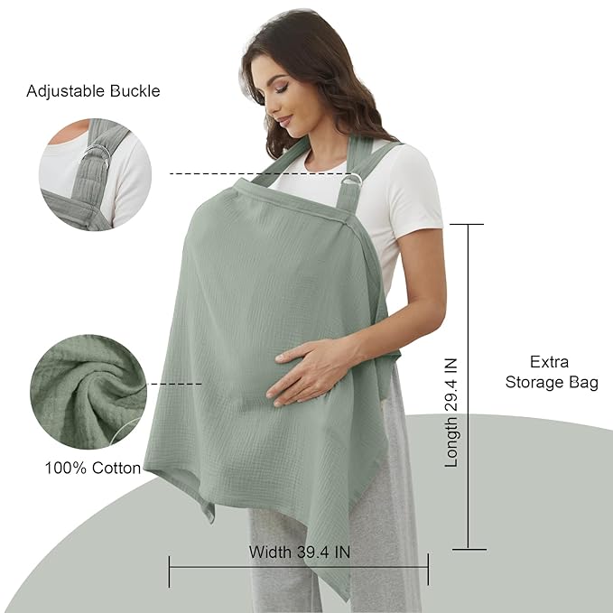 Muslin Nursing Cover for Baby Breastfeeding, Breathable 100% Cotton Breastfeeding Cover with Rigid Hoop for Mother Nursing Apron (Light Cyan)