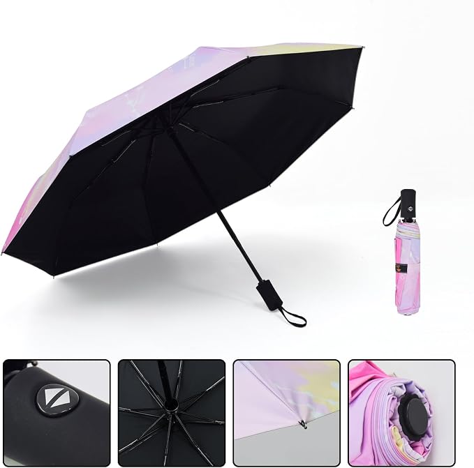 SY COMPACT Travel Umbrella - Windproof Automatic Compact Umbrella for Rain, Lightest 8-Rib, Small, Strong & Portable, Durable Grip, Fits Backpack & Car, Factory Direct (UV Available)
