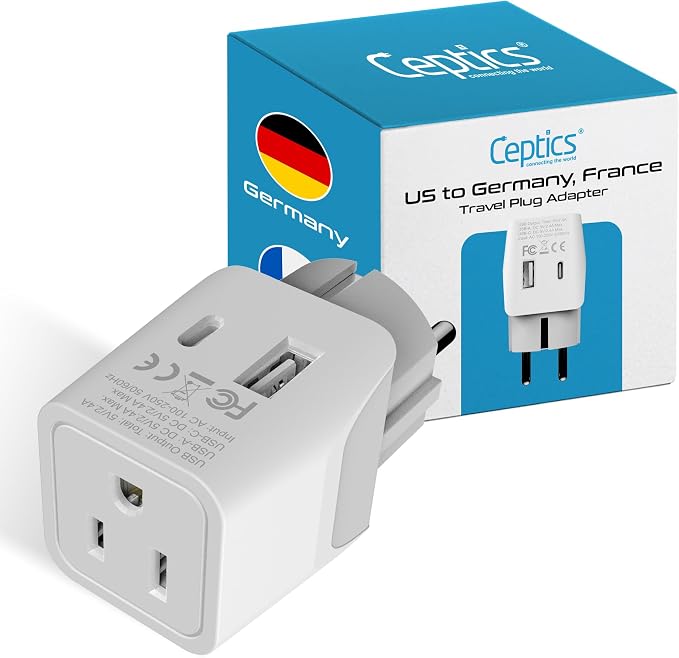 Ceptics Schuko, Germany, France, Spain Travel Adapter Plug with USB-A+USB-C- Usa Input Type E/F - Ultra Compact Perfect for Cell Phones, Laptop, Camera Chargers, iWatch, iPad, iPhone and More (CTU-9)