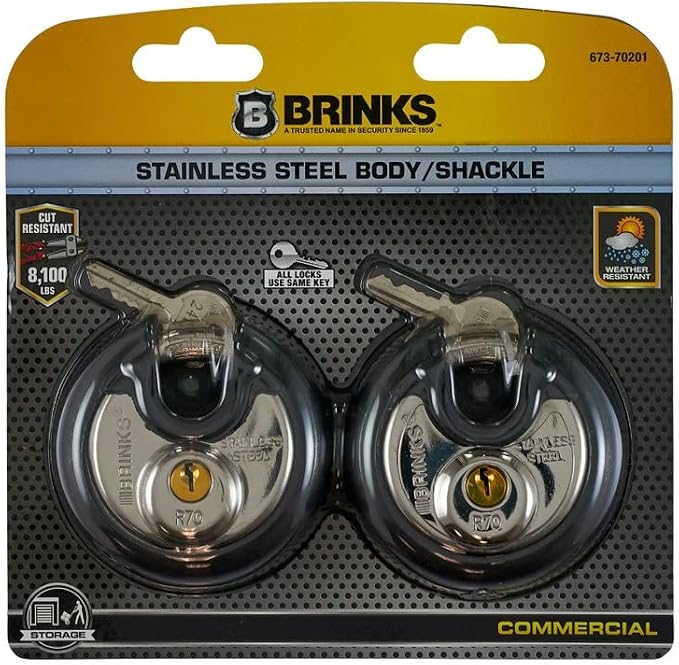 BRINKS Heavy Duty Padlock with Key - 70mm Discus-Shaped Keyed Lock for Storage Shed, Garage, Storage Lockers, Sliding Doors, Tool Box, and Cabinets, 2 Pack