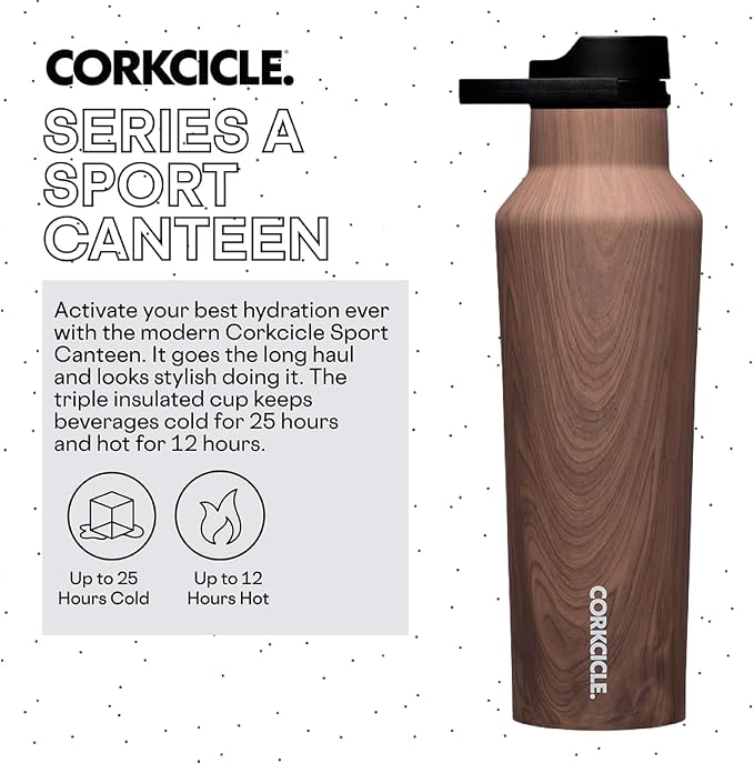Corkcicle Sport Canteen - Keeps Drinks Cold 25 Hours - Stainless Steel Water Bottle - Triple-Insulated - Spill-Proof - Summer Drinkware Gift - Keeps Drinks Ice Cold - 20 oz - Walnut Wood