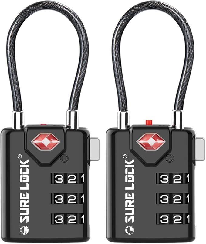 SURE LOCK TSA Approved Luggage Locks with Open Alert Indicator, 3 Digit Combination Cable Travel Lock for Suitcase, Backpack, Gym Locker, Toolbox & Travel Bag, 2 Pack Black