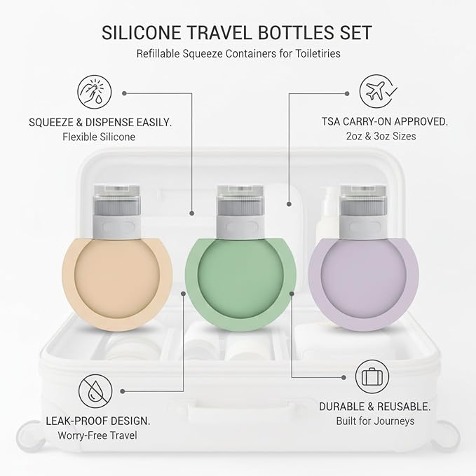 3-Pack Silicone Travel Bottles, Refillable Squeeze Containers for Toiletries, Carry-On Friendly Dispensers with Labels, Beige