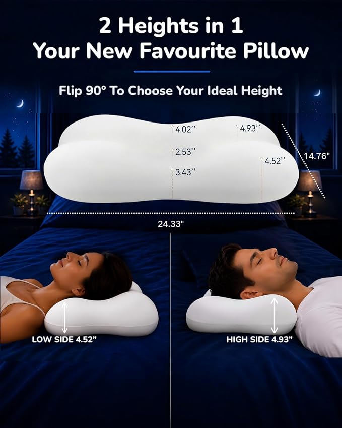 Cervical Pillow for Neck Pain Relief, Ergonomic Contour Memory Foam Pillow for Side Back Stomach Sleepers, Deep Sleep Pillow for Cloud-Soft Shoulder Support with Cooling Pillowcase, White