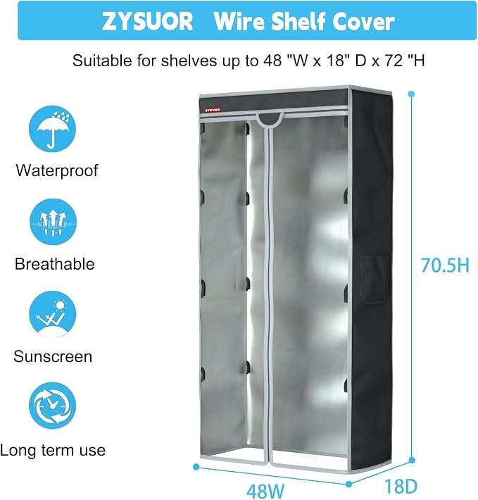 Waterproof Dustproof Shelf Cover for Wire Rack, Shelving Cover with Clear Front Window & T-Shaped Zipper Access, Fits 48" W x 18" D x 72" H Shelves for Garage, Basement & Inventory (No Shelves)