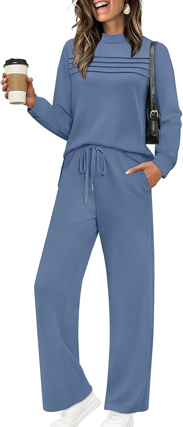 WIHOLL Two Piece Sets for Women Spring Travel Vacation Outfits 2026 Long Sleeve Lounge Sets Side Slit Wide Leg Pants S-3XL