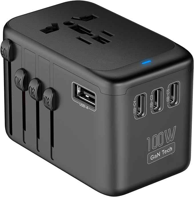 JMFONE GaN 100W Universal Travel Adapter, 5 USB Ports & 2500W AC Socket, USB C Fast Charging Laptops/Tablets/Phones, International Power Adapter with EU UK US AUS Plugs for 200+ Countries