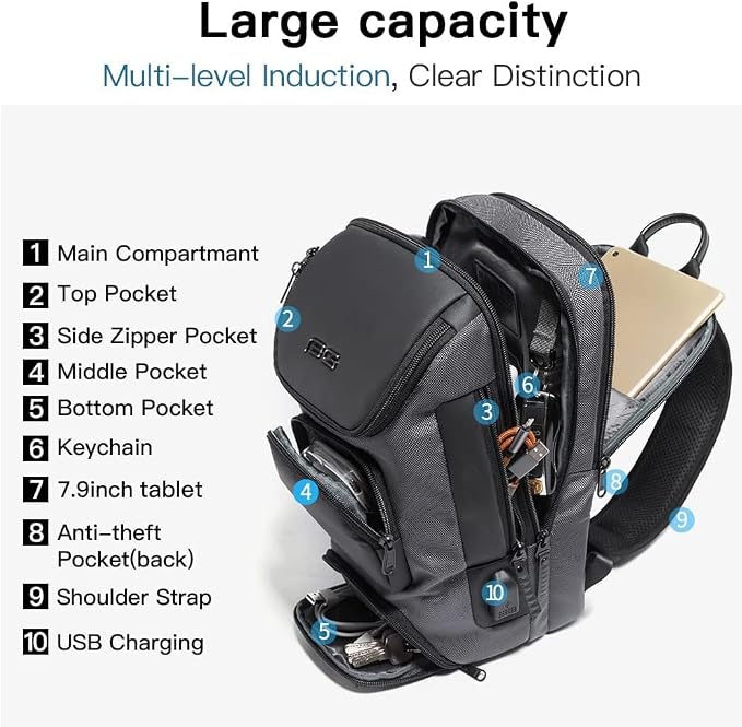 BANGE USB Charging Sling Bag, Waterproof Crossbody Backpack, Portable Shoulder Bag Daypack for Men Women Travel Hiking Work