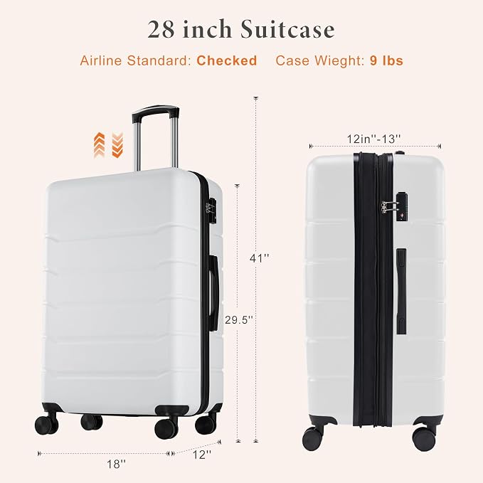 Sweetcrispy 28 Inch Checked Luggage, ABS Lightweight Rolling Hard Shell Suitcase with Smooth Spinner Wheels, Built-in TSA Lock, Durable Travel Suitcase for Business and Vacation Trip, White