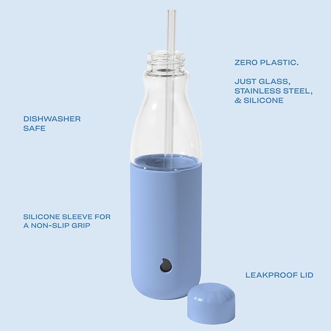 S'well Glass Original Water Bottle With Straw, 18oz, Chambray, Borosilicate Glass Bottle With Collapsible Glass Straw And Silicone Sleeve, Zero Plastic, Leakproof, BPA Free
