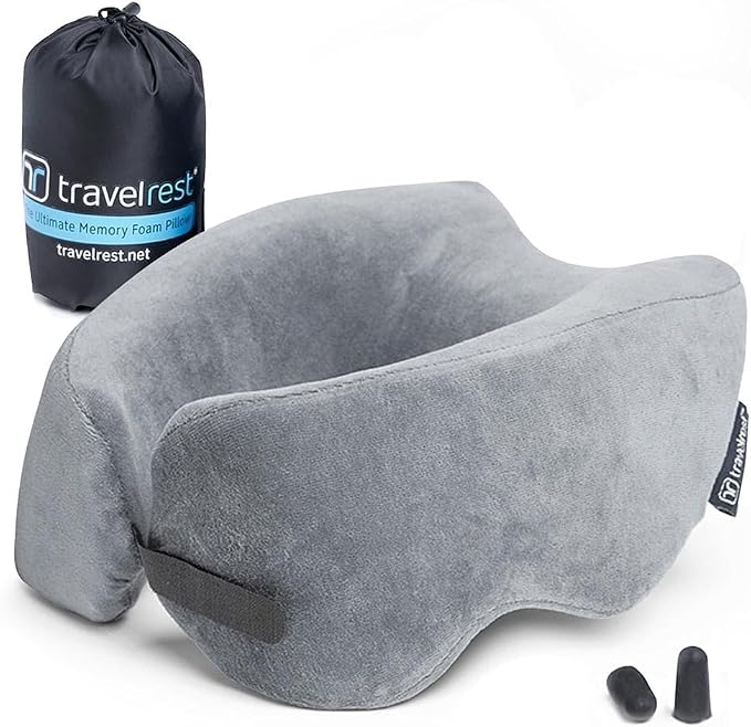 travelrest Sleep Neck Pillow Travel - Travel Essentials, Memory Foam, Neck Support Pillow for Long Flight, Plane Sleeping Accessories, Anti-Slip and Comfortable, Washable, Attaches to Luggage - Gray