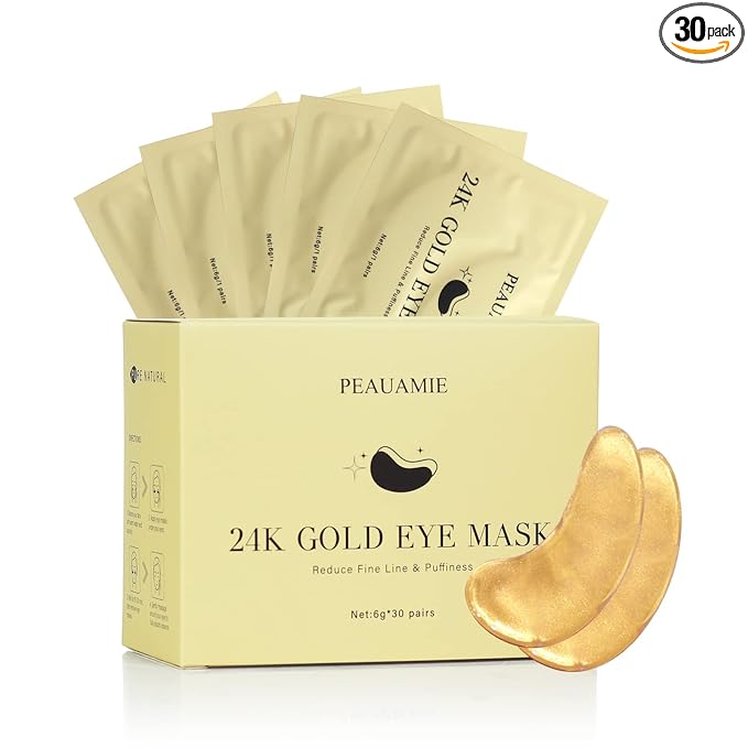 PEAUAMIE Under Eye Patchs 24k Gold Eye Mask and Hyaluronic Acid and Rose for Dark Circles and Puffiness Wrinkle Eye Bags 30 Pairs
