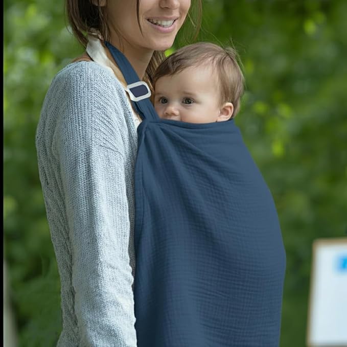 Muslin Nursing Covers for Breastfeeding, Arch Neckline Breast Feeding Covers for Women, Moms Privacy Breathable Summer Nursing Apron, Enlarged XL Size Soft Feeding Cover (Navy Blue)