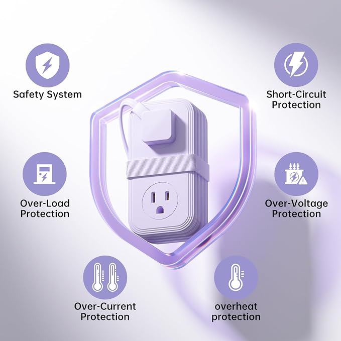 Travel Power Strip, SMALLRT 2 Pcs Extension Cord with Multiple Outlets, 3.3FT Wrapped Extension Flat Plug Power Strip with 4 AC Outlets for Travel, Hotel, Cruise Approved, No Surge Protection, Purple
