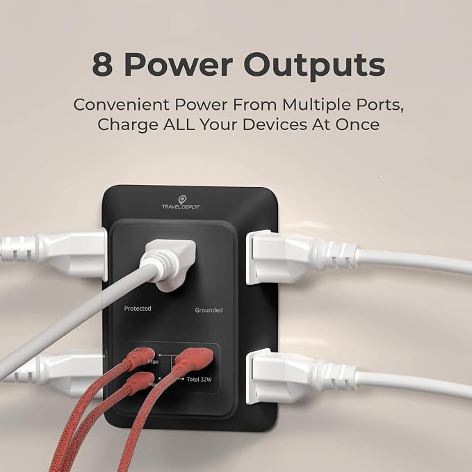 Travel Depot PD USB Wall Charger Surge Protector, 5 Outlet Extender 2 USB C & 1 USBA Charging Ports, Fast Charge 3 Sided Power Strip Multi Plug Outlets Wall Adapter for Home Office, ETL Listed (Black)
