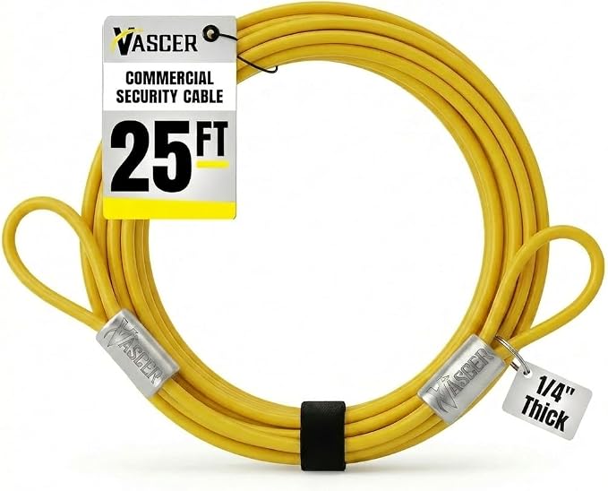 Vascer Heavy Duty Security Cable - 1/4" x 25ft Galvanized Steel Braided Lock Cable with Loops for Bikes, Motorcycles, Grills, Gates (Commercial Grade)
