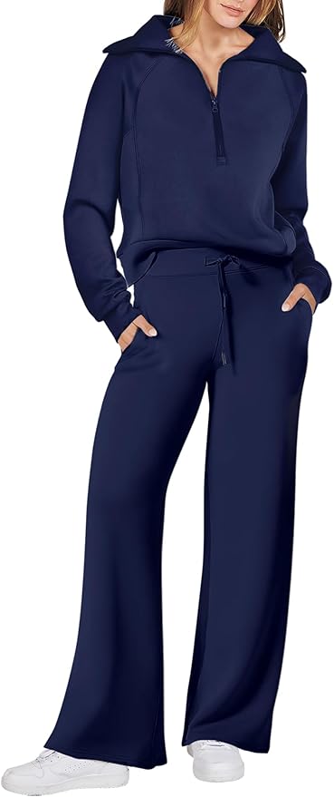 ANRABESS Women’s 2 Piece Outfits Half Zip Sweatshirt & Wide Leg Pants Airport Travel Lounge Matching Sets Sweatsuits Clothing