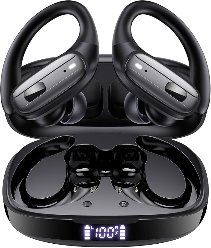 LEEMC Wireless Earbuds, Bluetooth Headphones 5.4, 80Hr Playtime Ear Buds with Hooks for Sports, Noise Canceling, LED Display, IPX7 Waterproof Earphones for Workout Running, Onyx