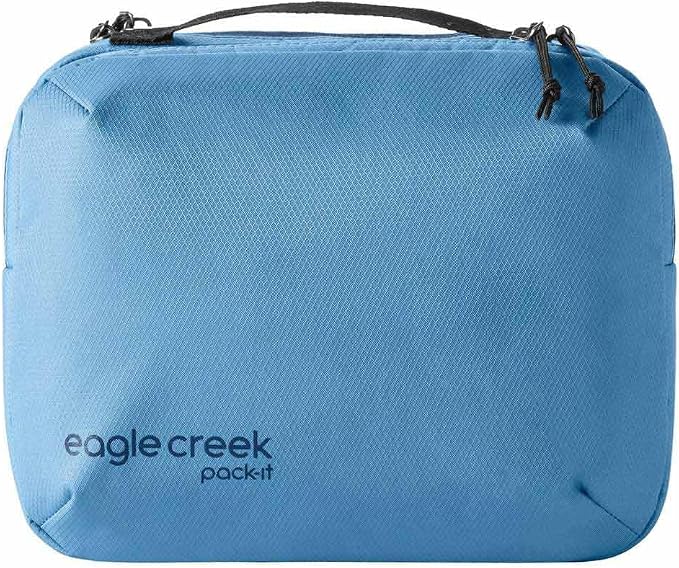 Eagle Creek Pack-It Trifold Toiletry Kit - Dopp Kit Toiletry Organizer with Padded Interior, Durable Hanging Hook & Large Compartments - Water Resistant & Washable - Blue Dawn