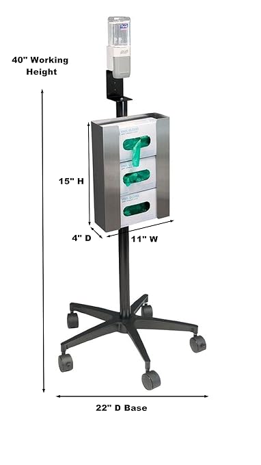 Mobile Hand Sanitizer and Glove Stand, Stainless Steel Triple Glove Box Holder, Sanitizing Dispenser (with Casters)