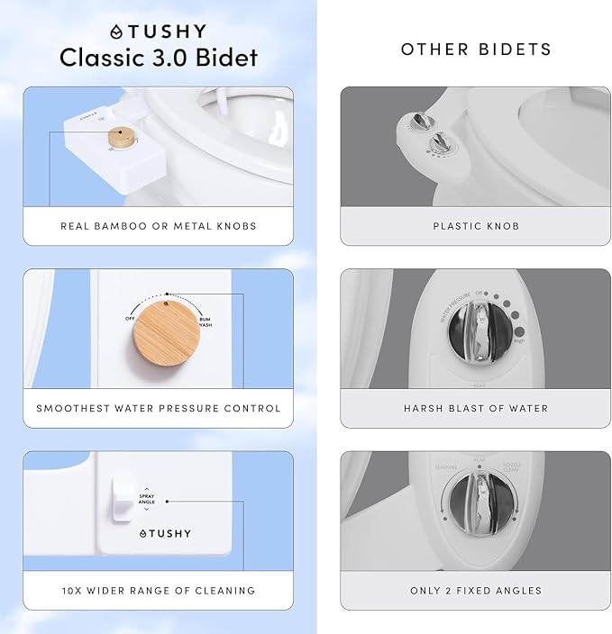 TUSHY Classic 3.0 Bidet Toilet Seat Attachment - a Non-Electric Self Cleaning Water Sprayer with Adjustable Water Pressure Nozzle, Angle Control & Easy Home Installation (Biscuit/Bamboo)
