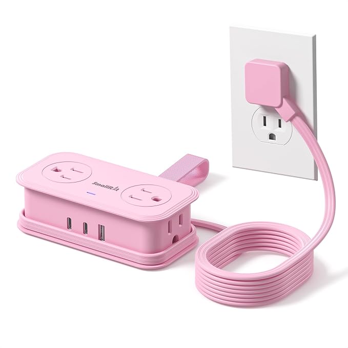 Travel Power Strip, SMALLRT Extension Cord with Multiple Outlets, 6.5FT Wrapped Extension Flat Plug Power Strip with 4 AC Outlets for Travel, Hotel, Cruise Approved, No Surge Protection, Pink