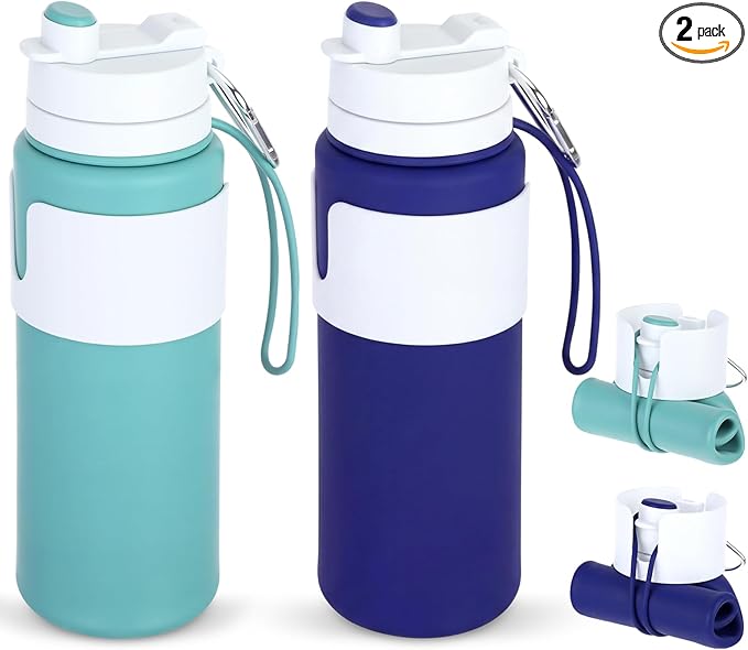 LemonRoad 2 Pcs 26 oz Silicone Collapsible Water Bottle, Portable Foldable Water Bottle Leakproof with Carabiner Reuseable Lightweight for Travel Sports Hiking Camping Cycling Office (Blue,Green)