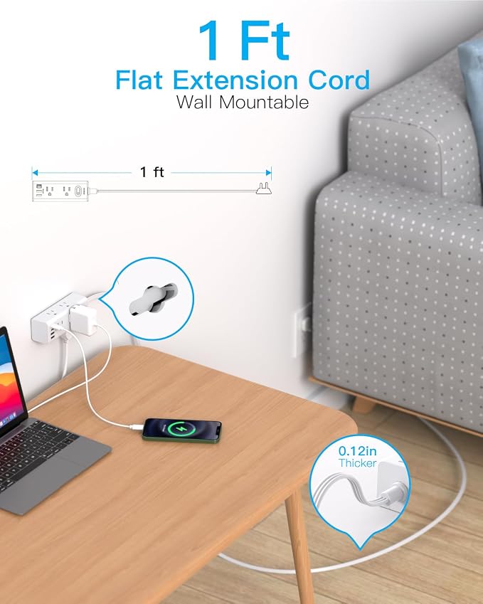 1Ft Extension Cord with Multiple Outlets, Flat Plug Power Strip Surge Protector with 1 Ft Cord, 6 Outlet 4 USB Ports (2 USB C), Multi Outlet Wall Plug for Travel, College, Dorm Room Essentials(White)
