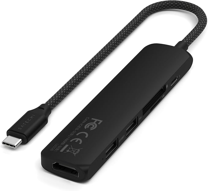 Satechi 6 in 1 USB C Hub Multiport Adapter with HDMI 4K@60Hz, 100W PD Charging, 2X USB-A Data Ports, Micro/SD Card Readers for MacBook Air/Pro/Neo, iPad Air/Pro, Windows – Black