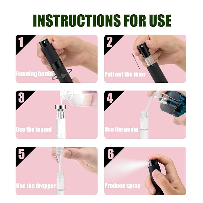 2 PCS/8ml Portable Mini Perfume Atomizer bottles, Empty Refillable Spray Bottle with 3 Types of Refill Tools, Pocket Travel Perfume Sample Bottles(Matte Black&Pink)