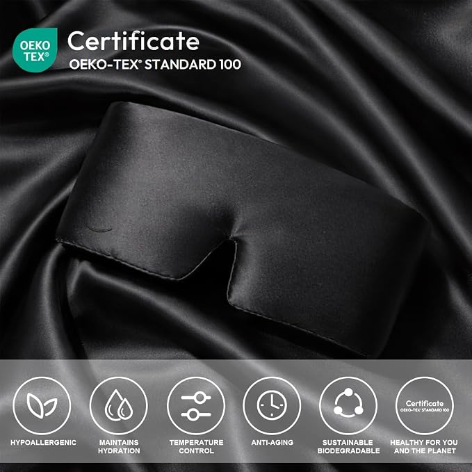 100% Pure Mulberry Silk Sleep Mask – Luxury Ultra Soft Light Blocking Eye Mask with Face-Hugging Fit & Adjustable Strap for Deep Sleep, Travel & Relaxation (Black)