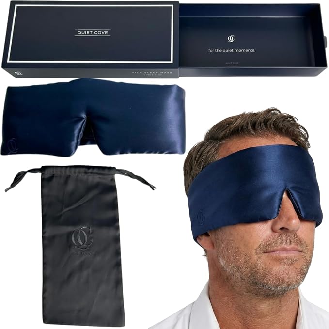 QUIET COVE Plush Luxury Silk Sleep Mask - Sleep Comfortably on Your Side - 22 Momme Mulberry Silk, Total Blackout, Luxe Cloud Filling Soothes Your Eyelids - Luxury Gift for Dad (Noble Blue)