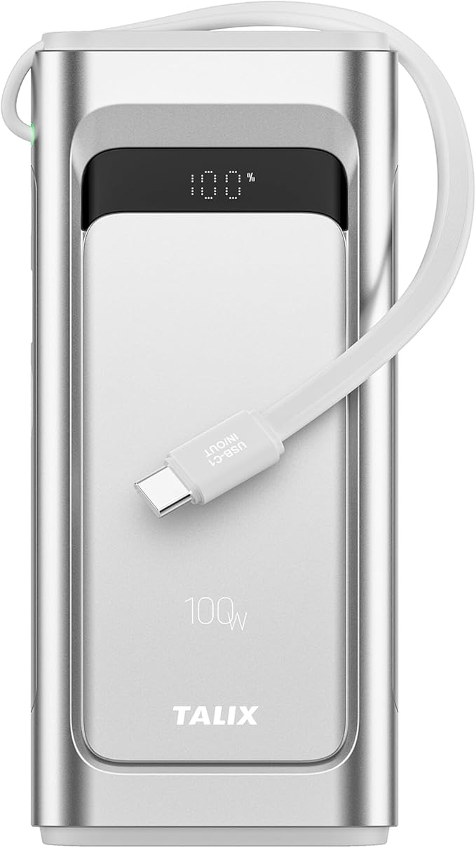 TALIX 10000mAh Portable Charger, 3-Port USB-C Power Bank, 100W Max Fast Charging Battery Pack with Built-in Cables for iPhone 17/16/15 Pro Max,iPad,Samsung Galaxy,Phone, TSA Approved Travel, Silver