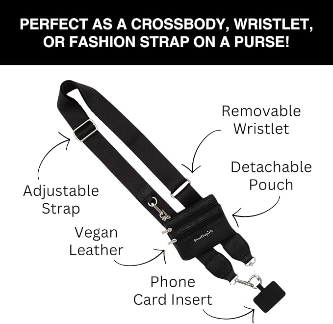 Save the Girls Clip and Go Phone Strap Solid (Black - Black Pouch with Silver Hardware) - Crossbody Phone Strap Chain with Zipper Wallet Pouch – Phone Lanyard with Zippered Pouch