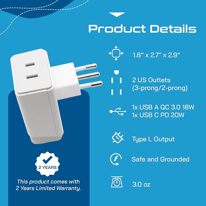 Ceptics Italy Travel Adapter, QC 3.0 & PD, Safe Dual USB & USB-C - 2 USA Socket Compact & Powerful - Use in Uruguay, Libya, Syria, Tunisia, Chile - Type L AP-12 - Fast Charging (AP-12A)