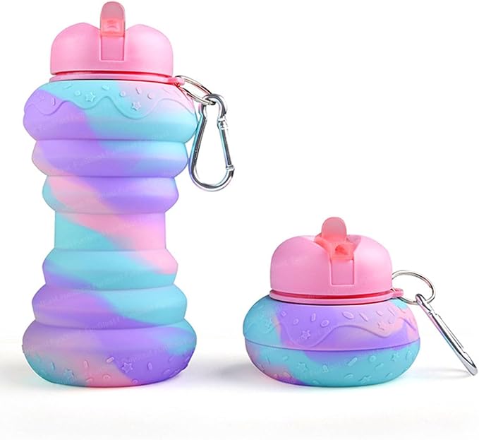 Collapsible Silicone Water Bottle || 600 ML Folding Water Bottle With Straw And Hook || Portable Water Bottle For Hiking, Camping, Sports, Road Trips, Outdoor (Pack Of 1) (Donut Shape)