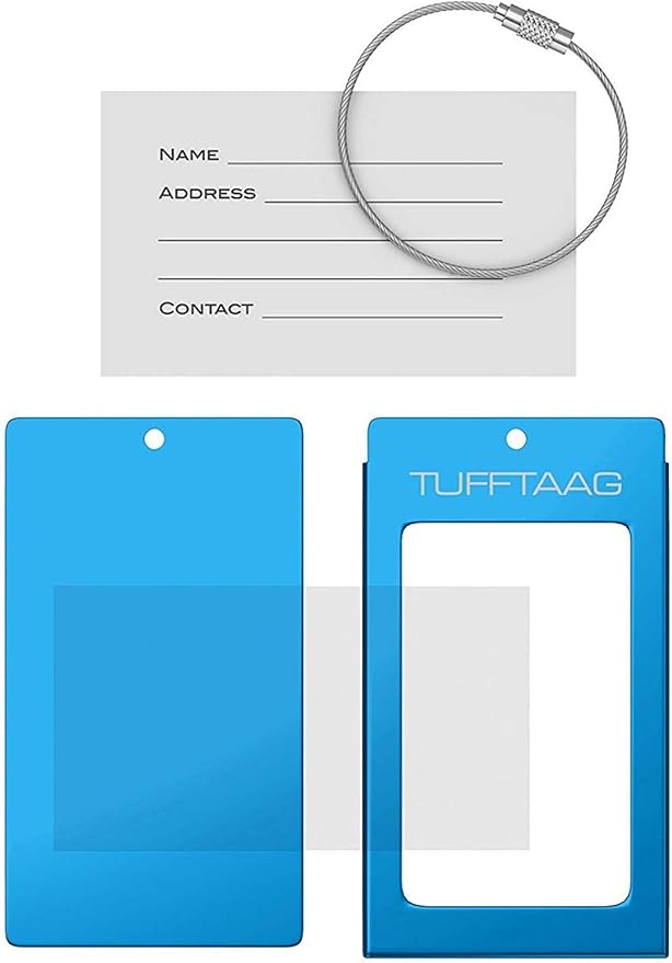 Luggage Tags Business Card Holder by TUFFTAAG - Durable Travel ID Bag Tag, Blue Azure, 2 Tags