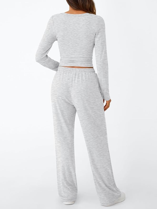 Trendy Queen Women's 2 Piece Matching Lounge Set Long Sleeve Side Ruching Top Wide Leg Drawstring Pants Set with Pockets