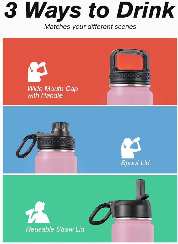 Coolflask Water Bottle 24 oz Insulated with Straw, Stainless Steel Metal 3 Lids Water Flask Wide Mouth for Sports or Office, Non-BPA Keep Cold Up to 48 Hrs or Hot Up to 24 Hrs, Bubblegum Princess