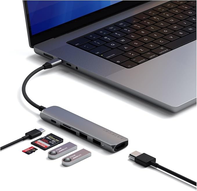 Satechi 6 in 1 USB C Hub Multiport Adapter with HDMI 4K@60Hz, 100W PD Charging, 2X USB-A Data Ports, Micro/SD Card Readers for MacBook Air/Pro/Neo, iPad Air/Pro, Windows – Space Gray
