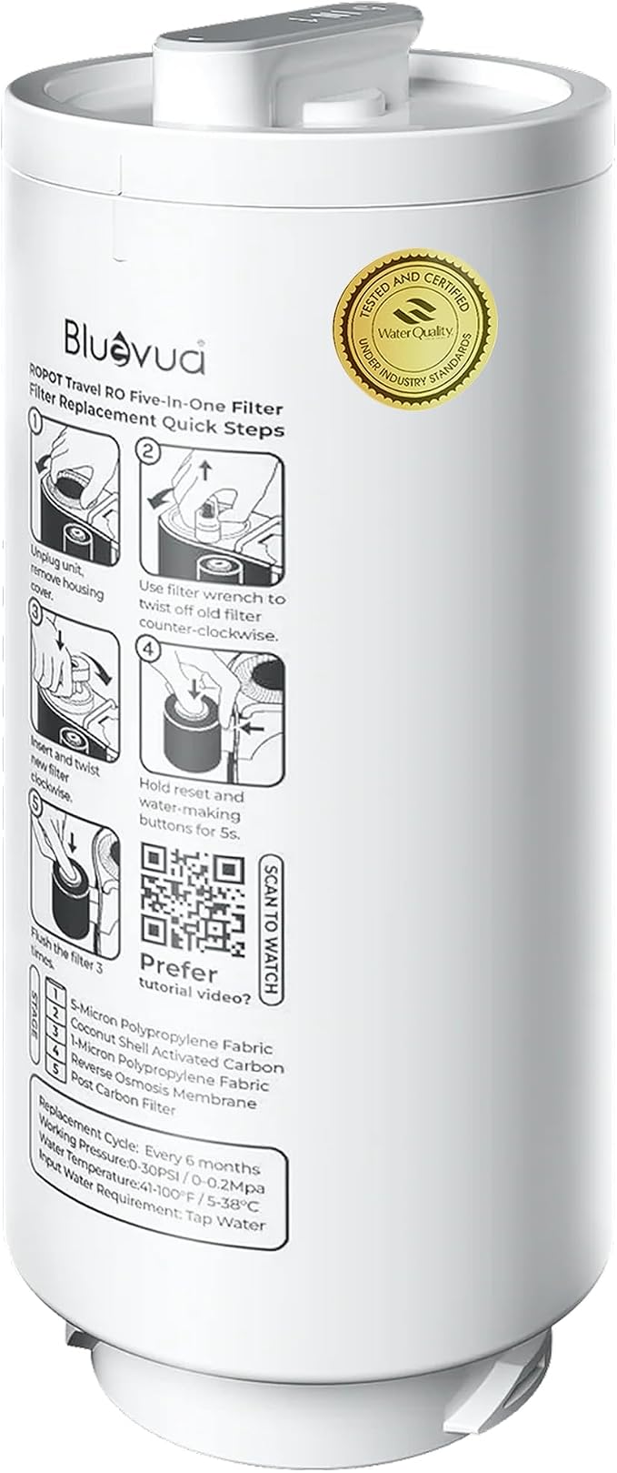 Bluevua Official 5-IN-1 RO Filter, Replacement for RO100ROPOT-Travel Countertop Reverse Osmosis System, 6 Months Lifetime