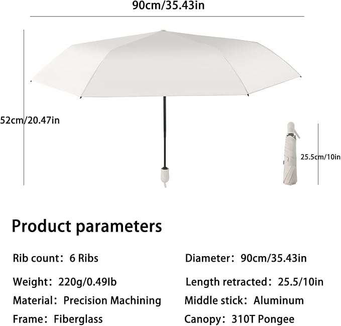 Ultra Lightweight Compact Umbrella 7.8 oz, Auto Open Close Folding Design for Sun & Light Rain, Mini Travel Accessory for Purse & Backpack, Portable UV Protection for Daily Commute, One-Person Use