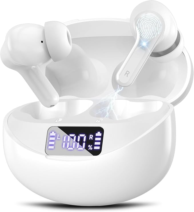 Wireless Earbuds Bluetooth 5.4 HiFi Stereo Headphones with Noise Cancelling Mic, 50H Playback in Ear Buds with LED Digital Display, IPX7 Waterproof Earphones for Office/Running/Workout (White)