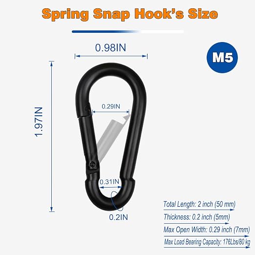 120PCS M5 Heavy Duty Carabiner Clip, 2Inch Snap Hook Quick Link Small Carabiner Clips,Spring Link Buckle for Fishing Camping Hammock Dog Leashes-220LBS Holding Capacity (Black)
