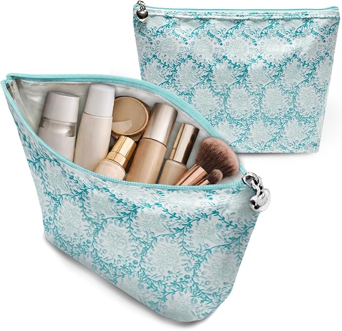 Jacaranda Living Medium Cosmetic Bag – Waterproof PVC-Lined Cosmetic & Toiletry Organizer, Zipper Pouch for Skincare, Makeup & Accessories, Aqua Trellis