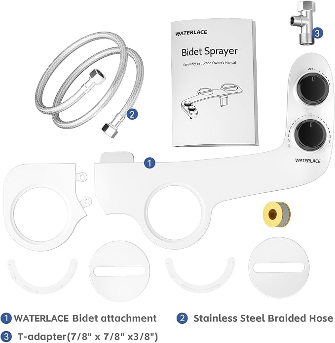 WATERLACE Bidet Attachment for Toilet Seat Water Pressure - Non Electric Bidets Self Cleaning Sprayer - Dual Nozzle Bidet Attachments Toilets Spray - Adjustable Bidets Wash Butt Cleaner for Bathroom