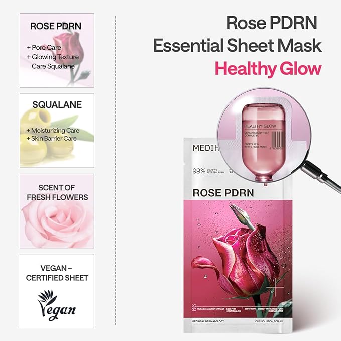 Mediheal Essential Face Mask [PDRN] Healthy Glow 10 pcs. with 99% Purity White Rose PDRN for Glass Skin, Pore Care, Skin Firming - Home Skin Care & Vegan Formula Korean Beauty Sheet Mask