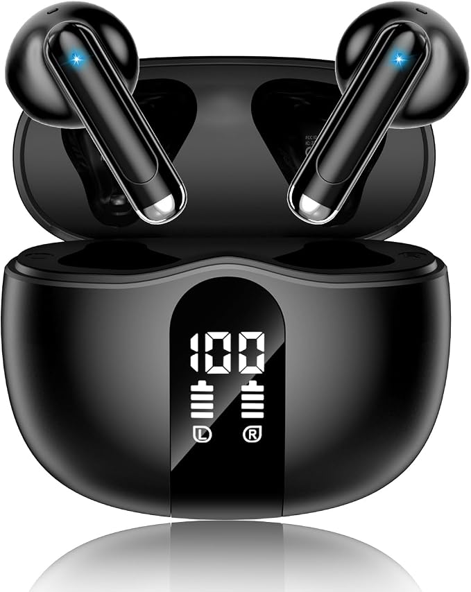 Wireless Earbuds, 2026 Bluetooth 5.4 Headphones Bass Stereo Ear Buds with Noise Cancelling Mic, LED Display in Ear Earphones 50H Playtime Ear Buds, IP7 Waterproof for Laptop Pad Phones Deep Black