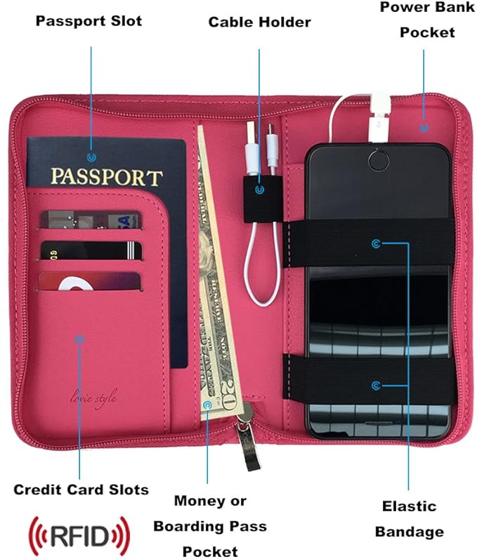 Phone Charging Passport Holder - Travel Wallet with Removable Power Bank holds money, cards, phone, travel docs- RFID Blocking - Compatible with All Phones - Travel Accessories